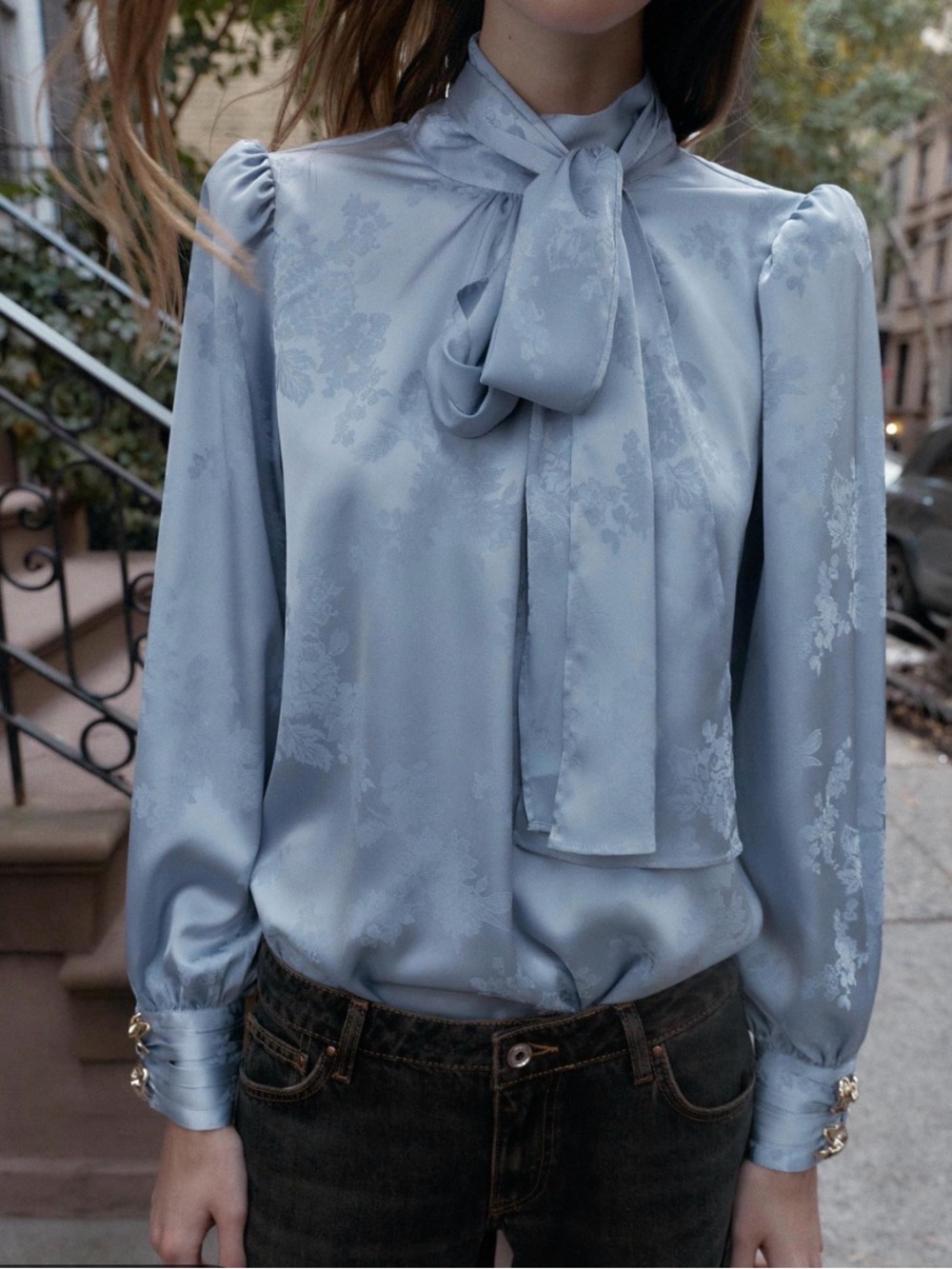 Zara Pale Blue Satin Tie-Neck Blouse